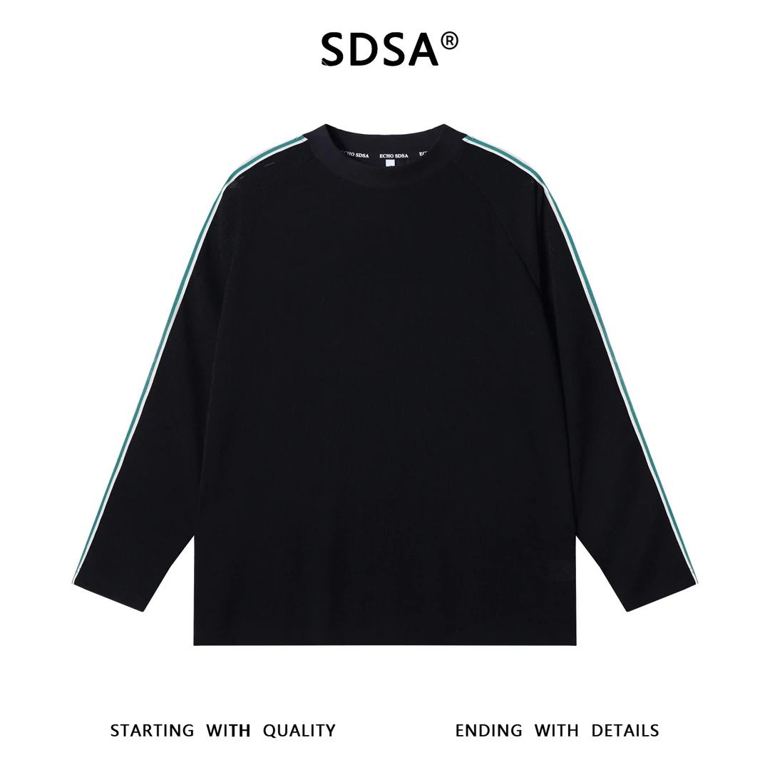 SDSA男士秋冬新款轻奢痞帅男装韩版玉米格拼接织带长袖T恤百搭潮