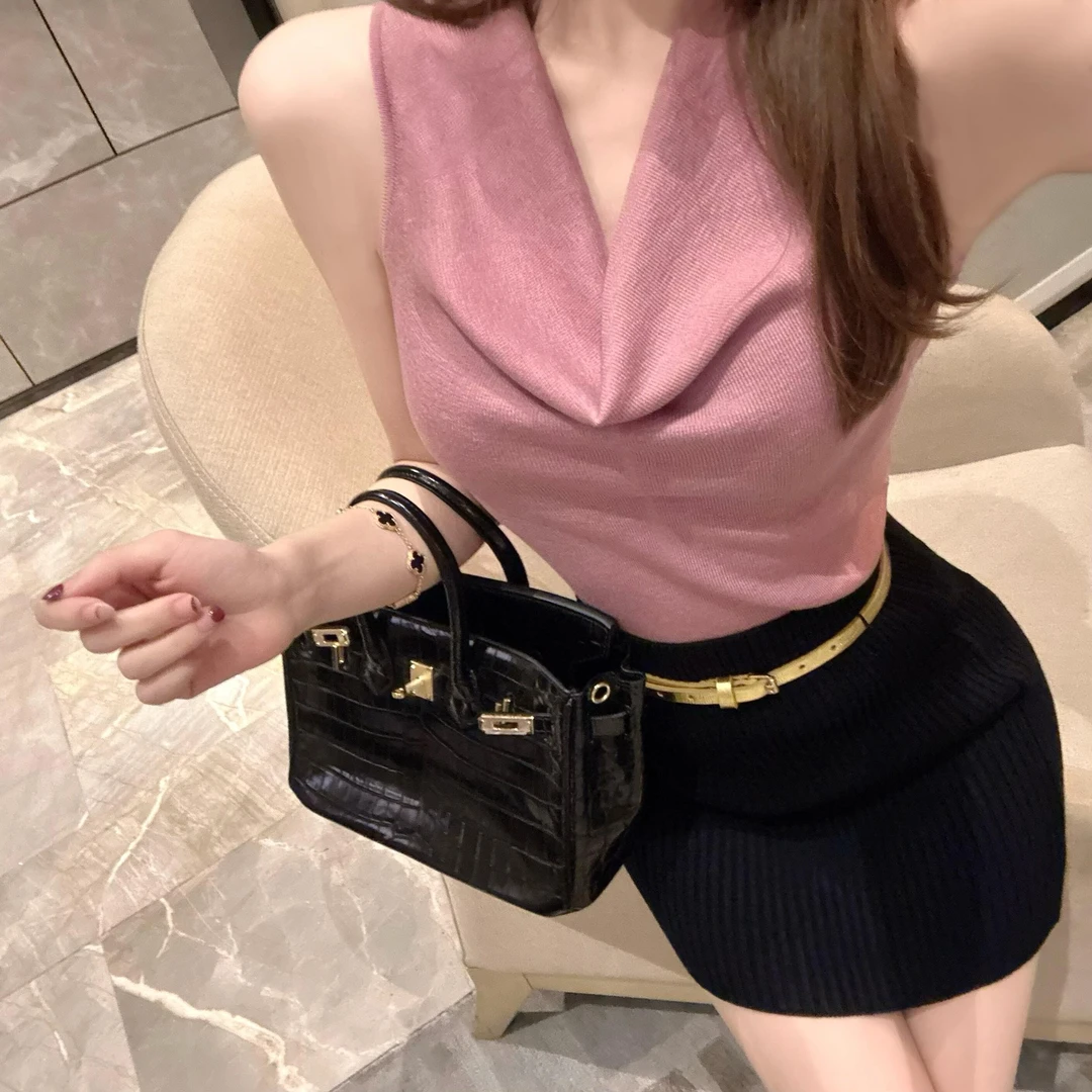 韩女优雅气质荡领无袖上衣女夏两穿性感露肩领针织背心修身打底衫