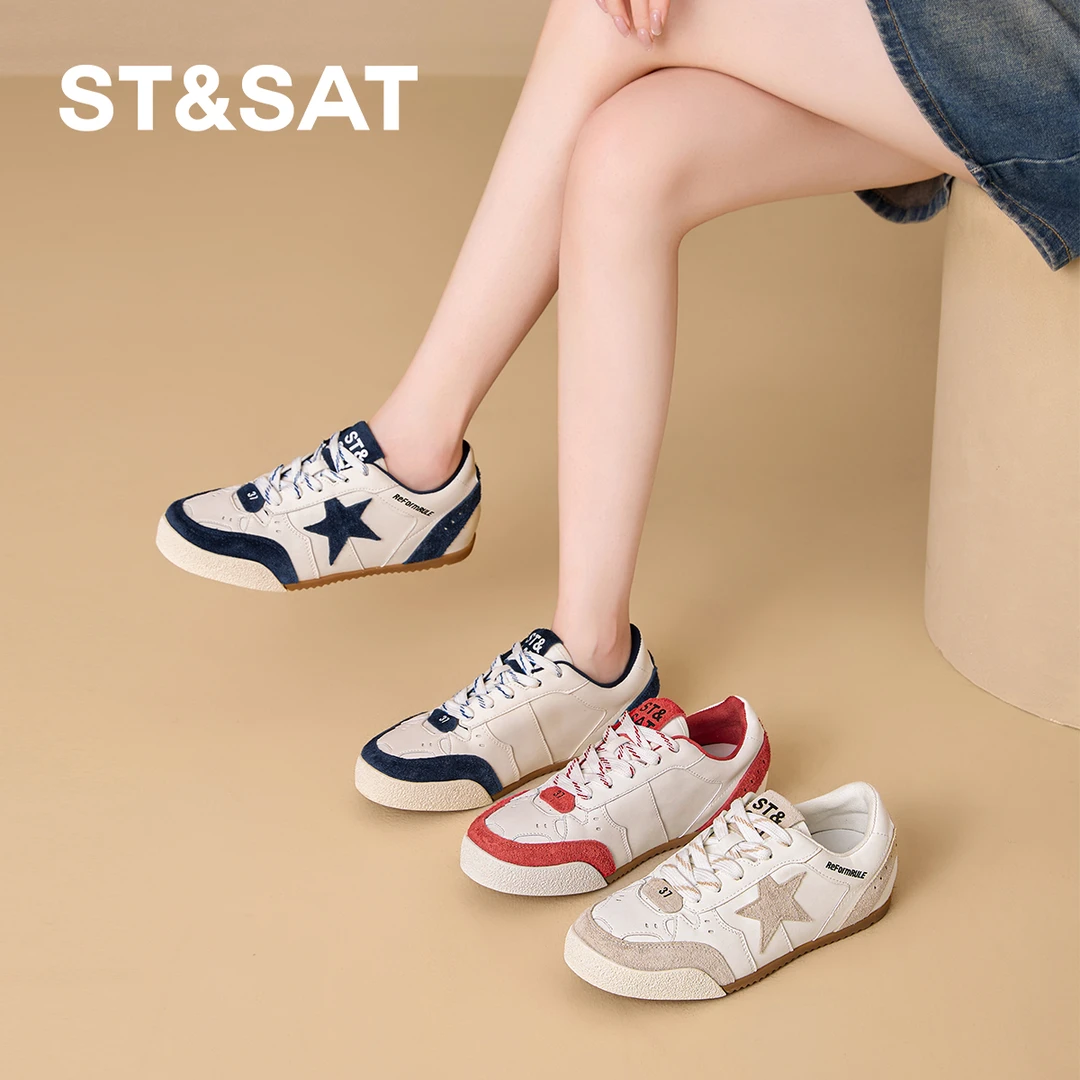 星期六女鞋做旧系带板鞋拼色秋季新款时尚休闲鞋复古运动鞋厚底鞋