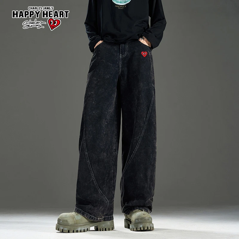 查尔斯桃心复古水洗秋冬直筒牛仔裤男女同款宽松百搭休闲时尚潮流