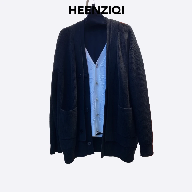 HZQ「腔调」假两件开衫绵羊毛宽松阔版扣子中长开衫