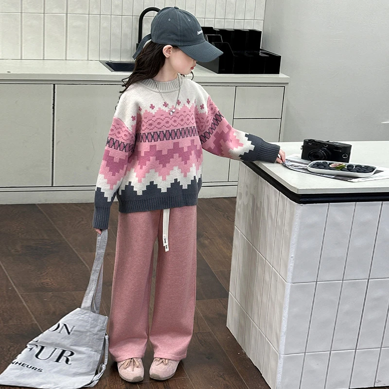 女童秋冬菱形格毛衣套装2025新款洋气时髦中大童休闲加绒裤两件套