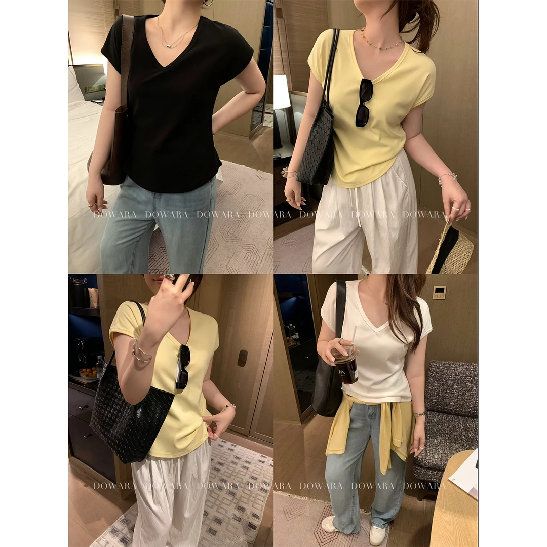 现货大婉酱微胖定制纯色正肩短袖T恤夏季轻熟风显瘦V领上衣 9280D