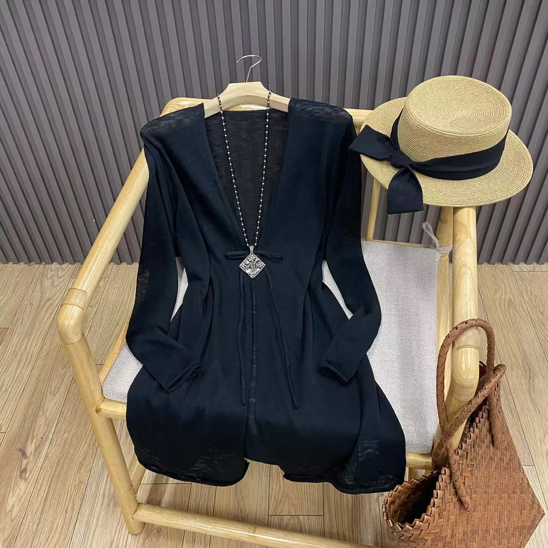 无扣系带V领亚麻针织开衫宽松慵懒风薄款纯色外搭女Z25521