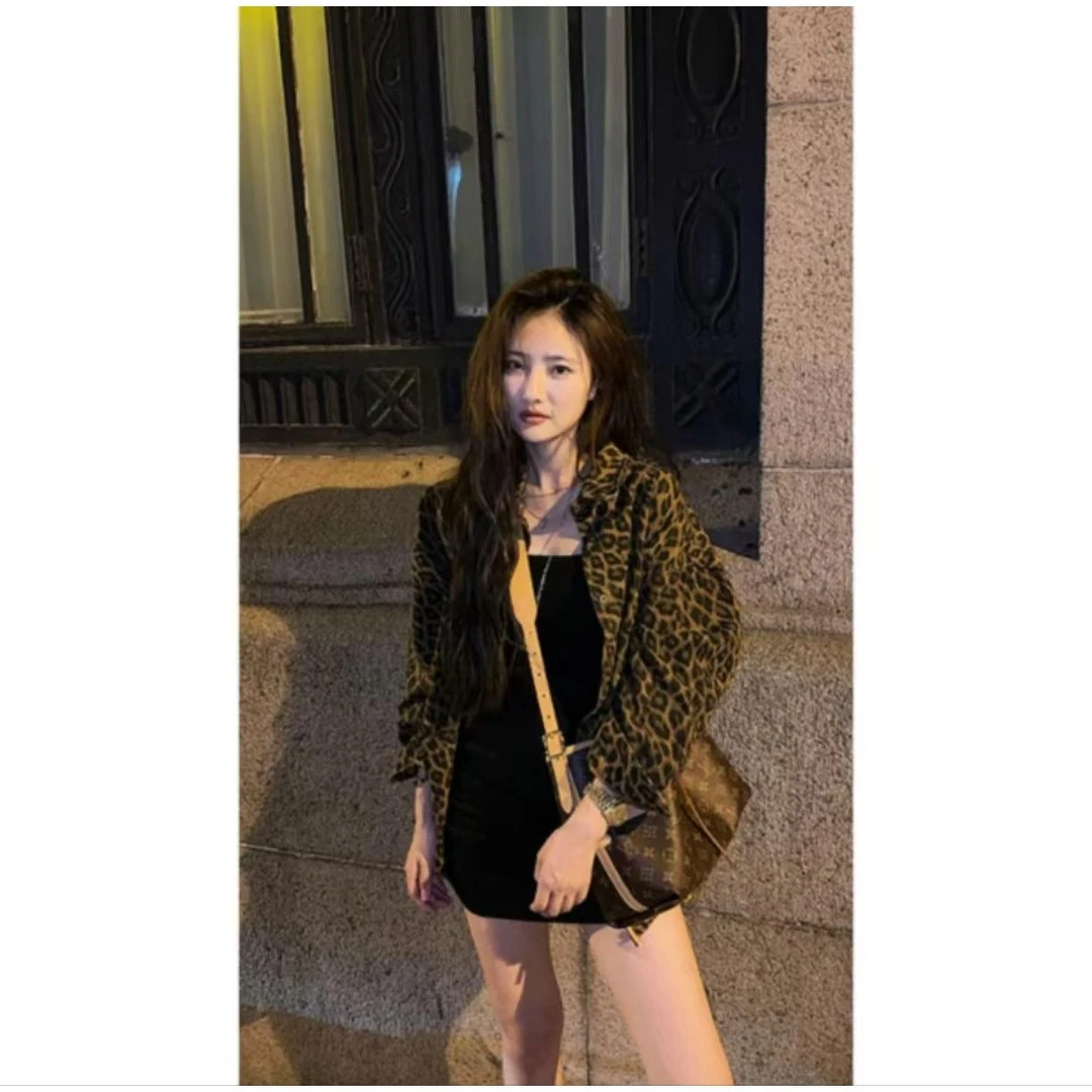 春季时髦气质百搭豹纹衬衫外套+修身显瘦针织连衣裙套装