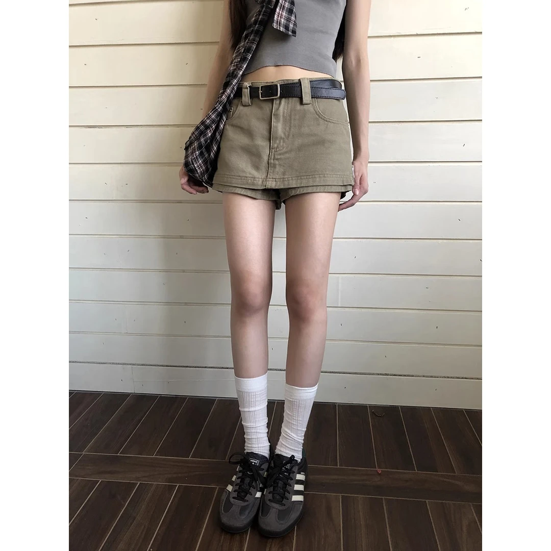 韩版复古卡其绿工装半身裙女夏季辣妹高腰包臀显瘦假两件A字裙裤