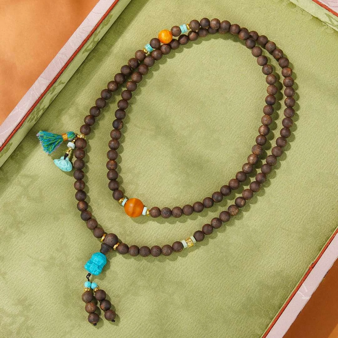 沉香富森红土0.6DIY蜜蜡绿松扎基足金108沉香长串/CX00588