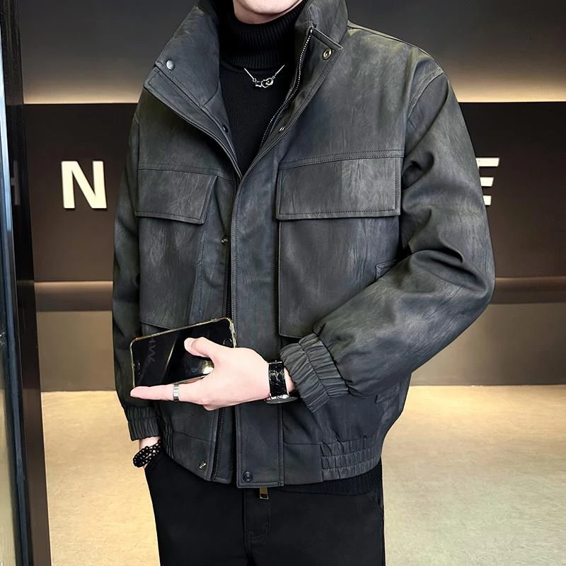 潮牌立领男士皮衣羽绒服男款秋冬季加厚保暖美式休闲复古鸭绒外套