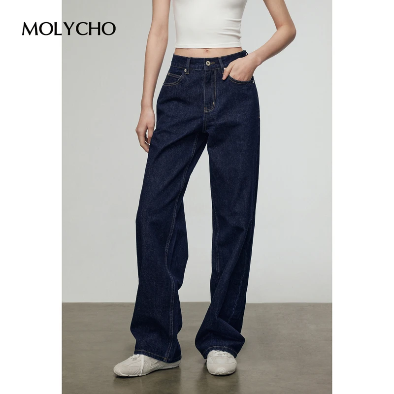 MOLYCHO 复古蓝色直筒牛仔裤女2025春季新款宽松显瘦阔腿拖地长裤