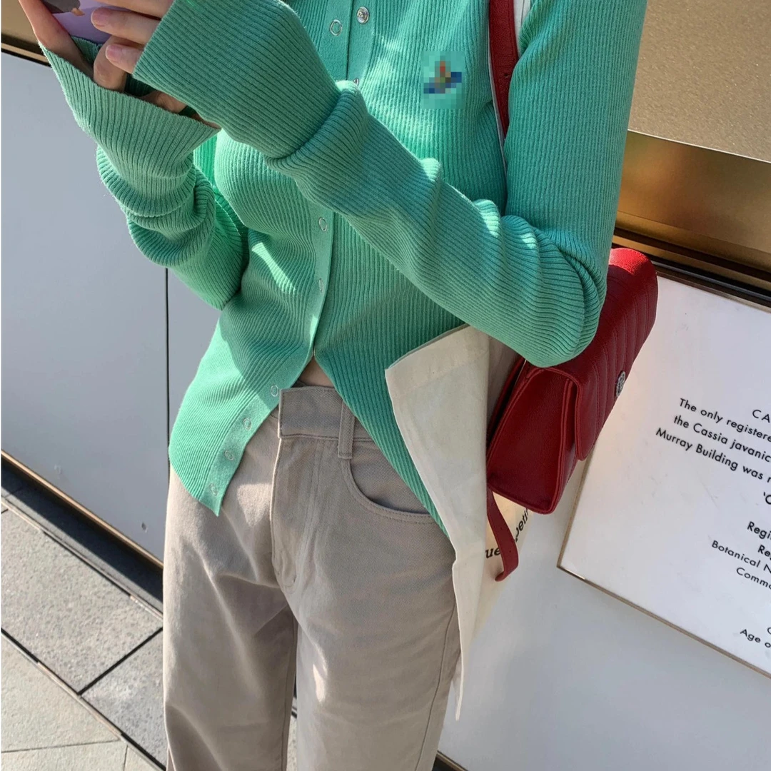 2025春季新款洋气图案修身圆领单排扣针织毛衣开衫百搭休闲上衣女