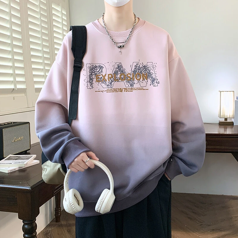 卫衣男春季圆领2025新款印花长袖t恤青少年渐变拼色潮牌学生上衣