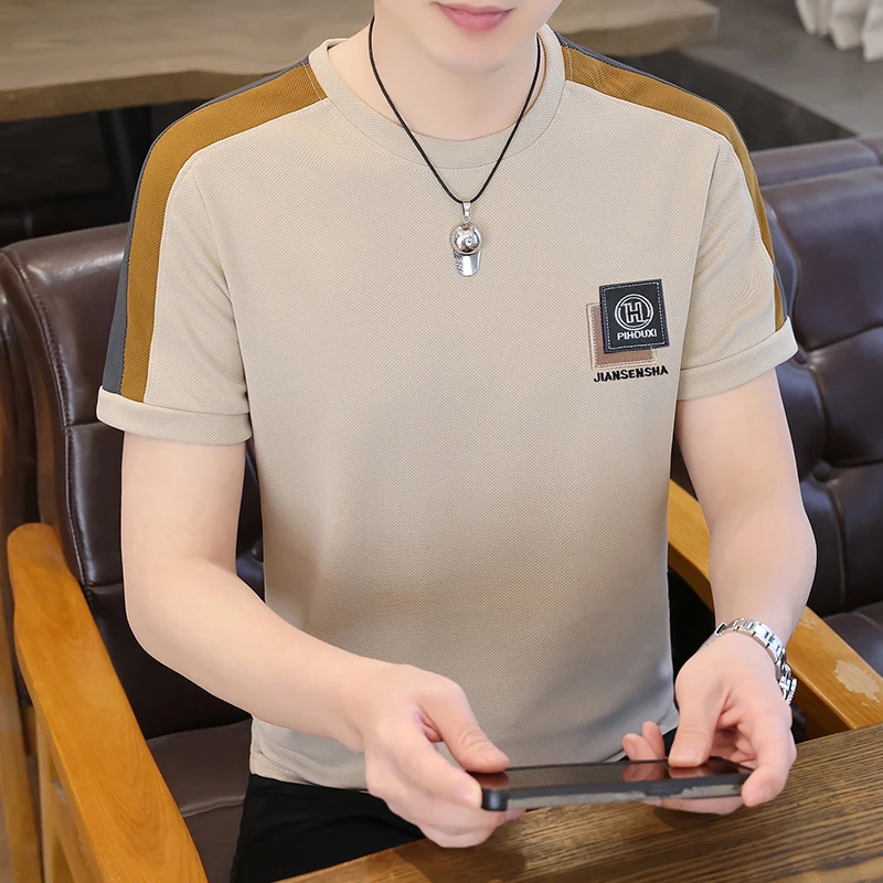 个性拼接刺绣圆领短袖t恤男士宽松上衣2025夏季新款青年潮流体恤
