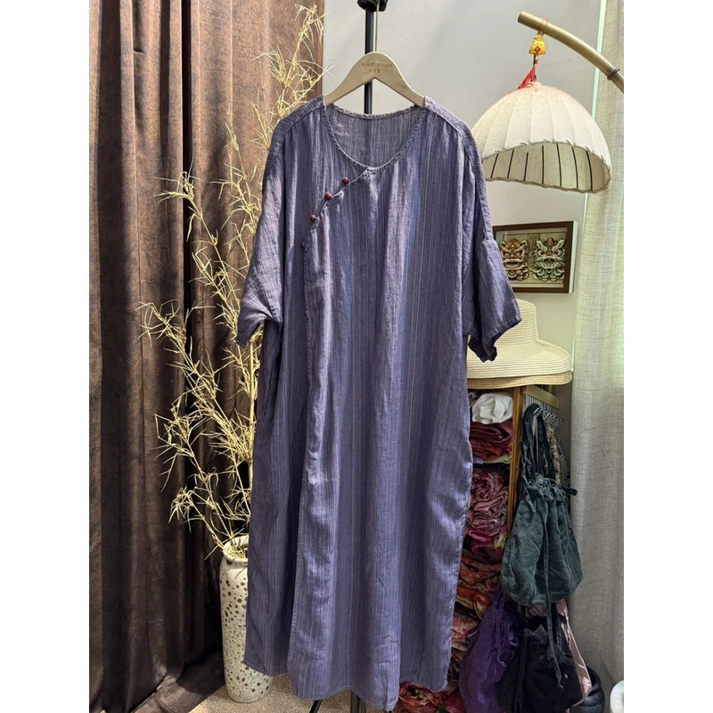 彩虹旗袍 砂洗色织100%纯亚麻法国麻宽松开衫旗袍长120胸围150