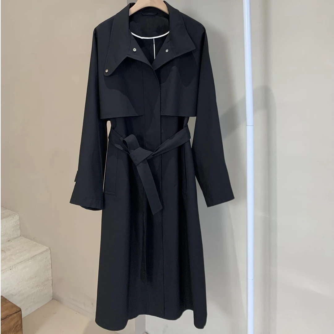 G0742 薄丝毛精纺单排扣风衣显瘦气质网红时尚百搭女士黑色中长款