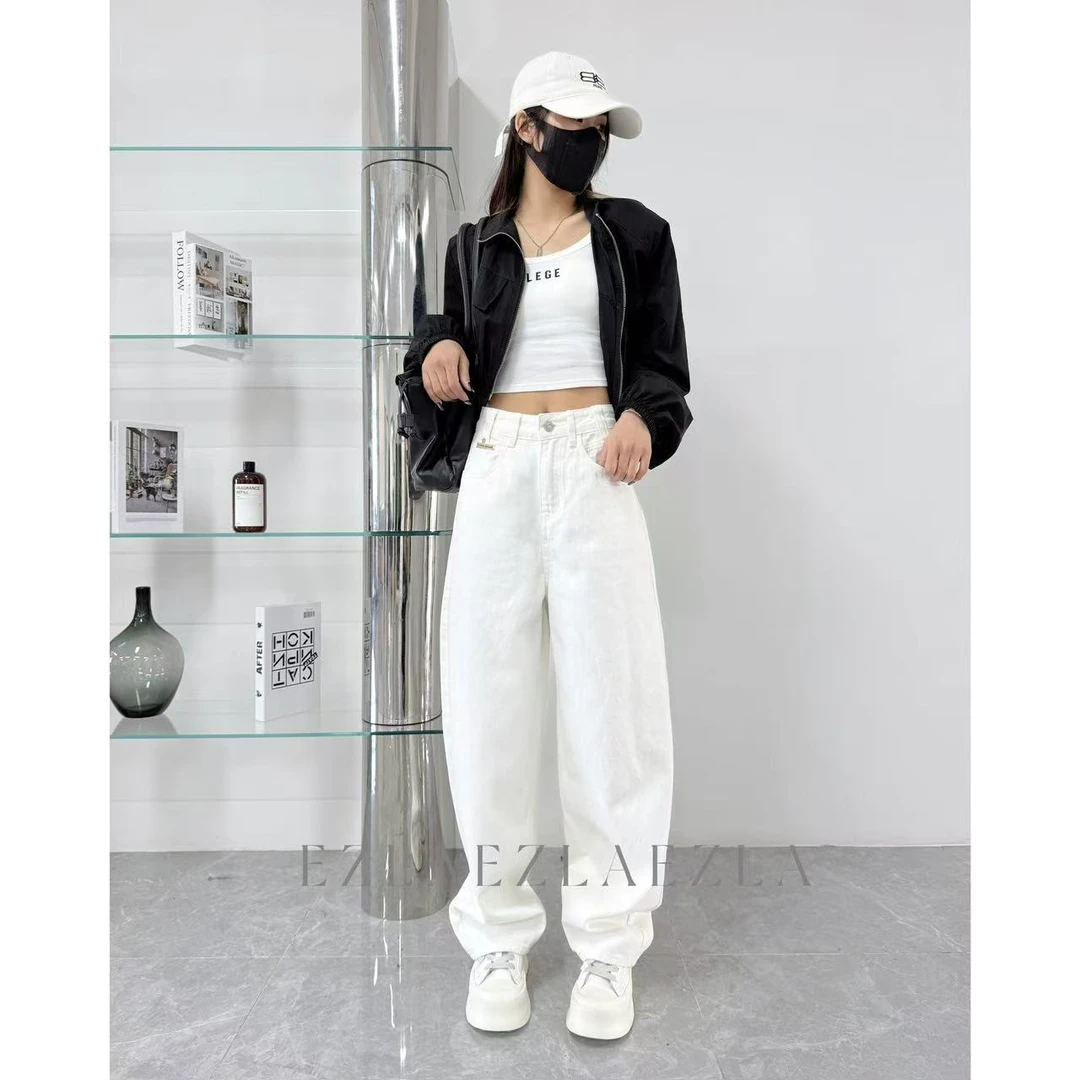 EZ7310-[早春新款] 白色方形口袋水洗宽松设计感软牛仔老爹弯刀裤