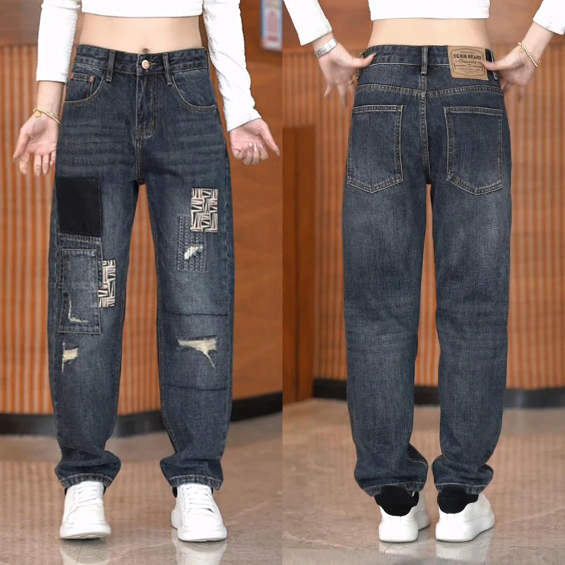 秋季痞帅牛仔裤男士高级感贴布装饰哈伦长裤男装百搭宽松休闲裤子