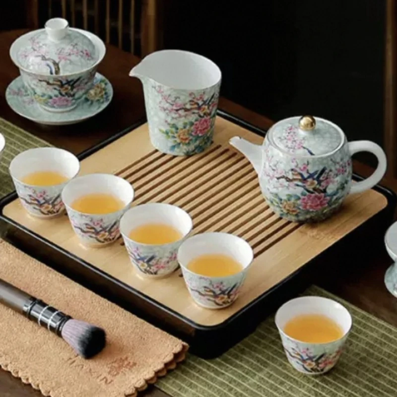 （壶+公道+4杯+茶叶罐）珐琅彩喜上眉梢茶壶套组WH0581