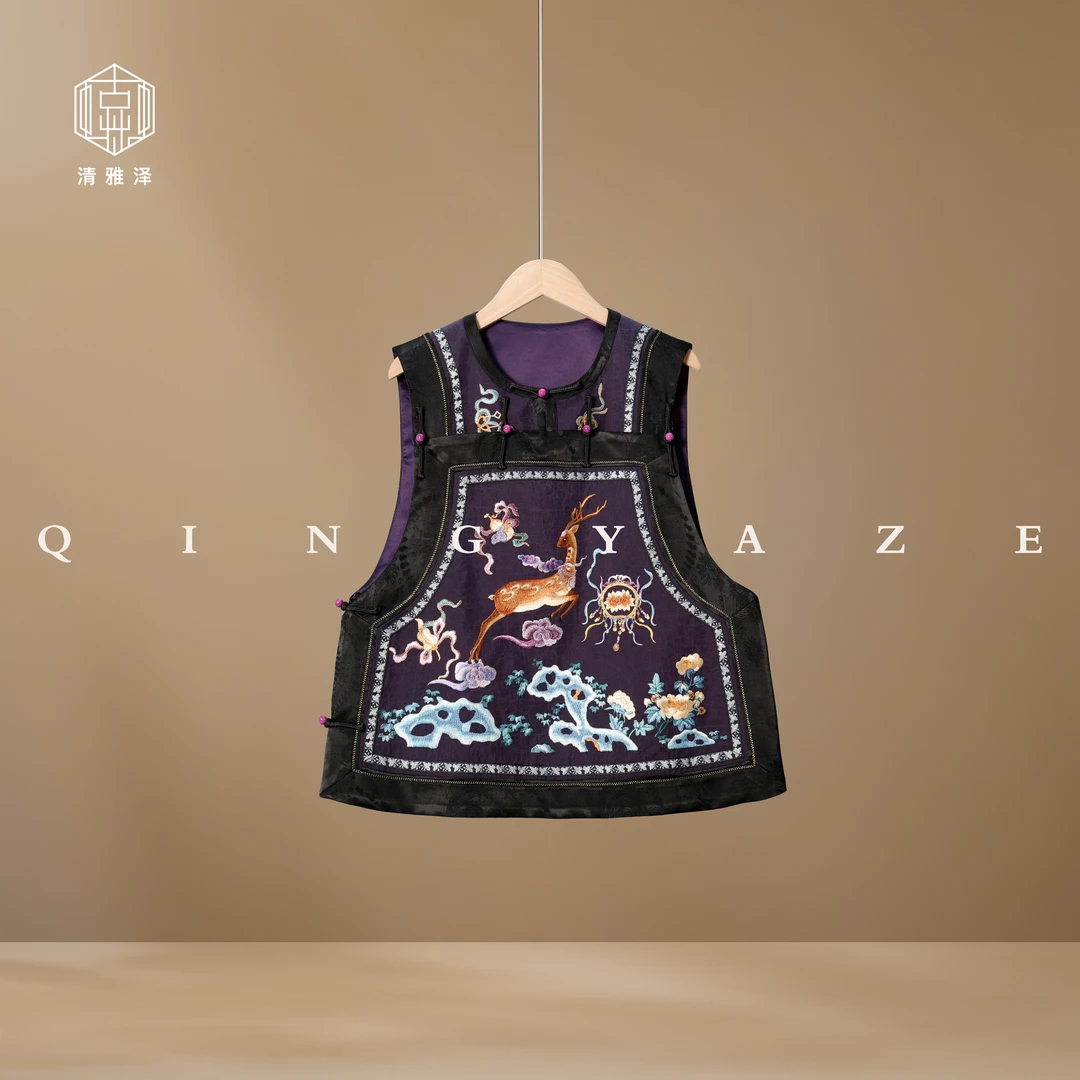 紫龟神鹿！龟裂纹香云纱重工刺绣十三太保马甲！GZ5583