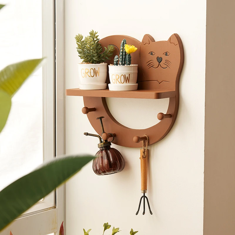 创意实木儿童挂衣架墙上多功能置物架北欧儿童房墙面萌猫隔板挂钩