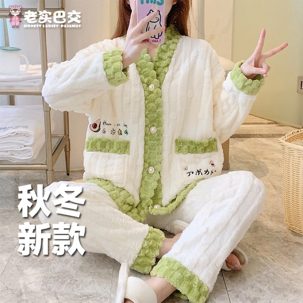 珊瑚绒睡衣女士冬季长袖加厚加绒保暖可外穿冬季加绒外穿睡衣套装