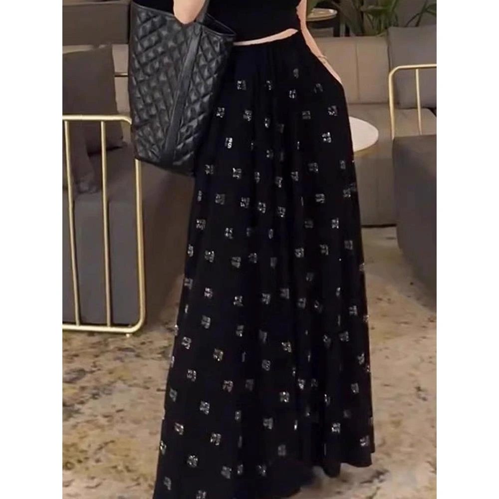 高级感烫钻印花黑色胖大码半身裙女夏季法式轻奢高腰显瘦长裙子