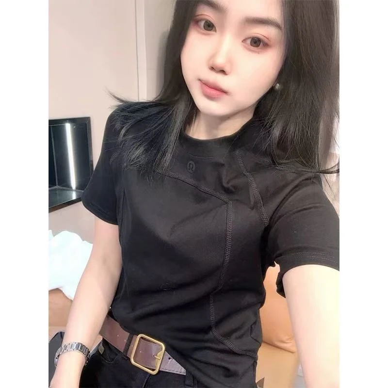 欧货简约明线字母短袖T恤女装夏季新款修身显瘦百搭减龄正肩上衣