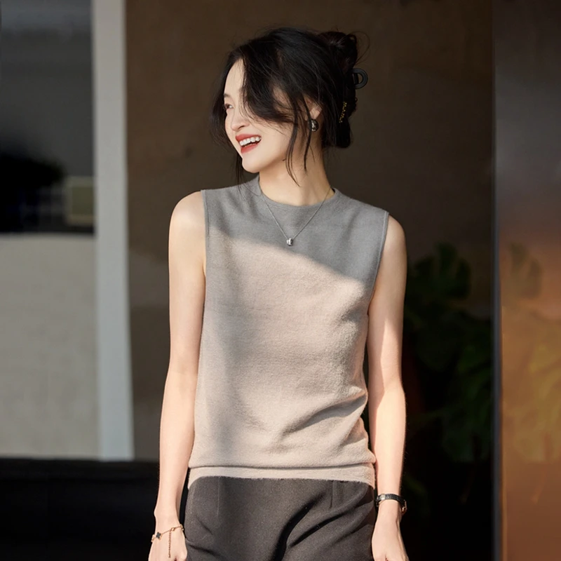 精纺100%山羊绒四平针半高领无袖打底衫