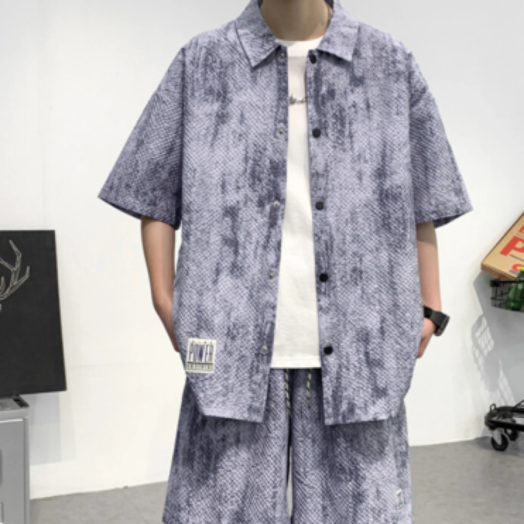 休闲运动套装衬衫速干帅气男宽松休闲短裤印花男士夏季痞帅