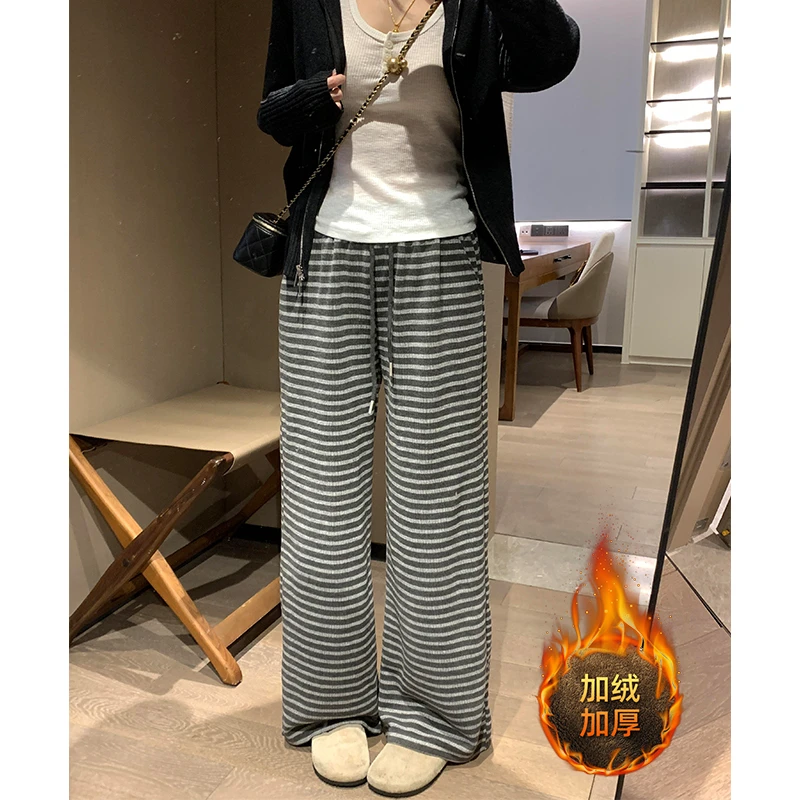 300斤胖mm大码女装冬季加绒慵懒风阔腿休闲裤女宽松直筒条纹裤子