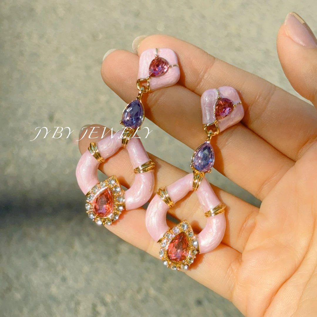 合金珐琅耳饰 Lu 2009 复古vintage 长款粉优雅轻奢风复古耳饰