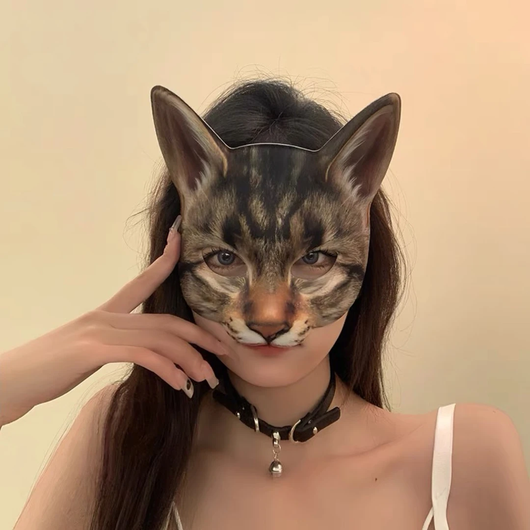 万圣节立体仿真小猫面具立体卡通半脸舞会表演脸谱假面动物面罩