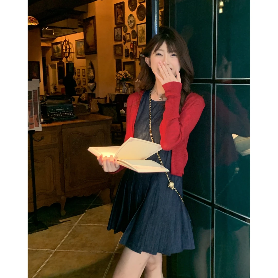 春季新款复古文艺圆领收腰A字牛仔背心裙+针织开衫7088