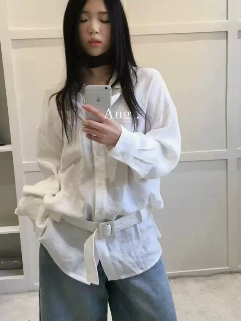 蛋娘专属——9086气质百搭亚麻棉麻衬衣 宽松版型带腰带