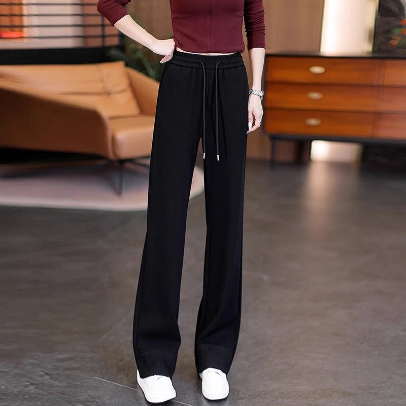 休闲裤子女窄版阔腿裤高腰2026秋冬新款松紧腰加绒裤外穿直筒女裤