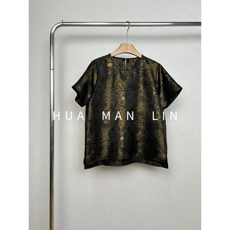 【花滿林】圆领领口钉珠正肩50MM正绢织金真丝桑蚕丝上衣259224