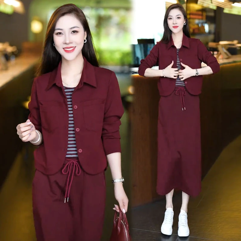 时尚套装裙女2025秋季新款洋气条纹拼接假两件上衣半身裙两件套裙