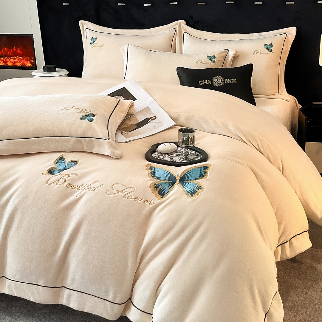 轻奢刺绣冬季牛奶绒四件套双面绒加厚保暖珊瑚绒被套床单床上用品