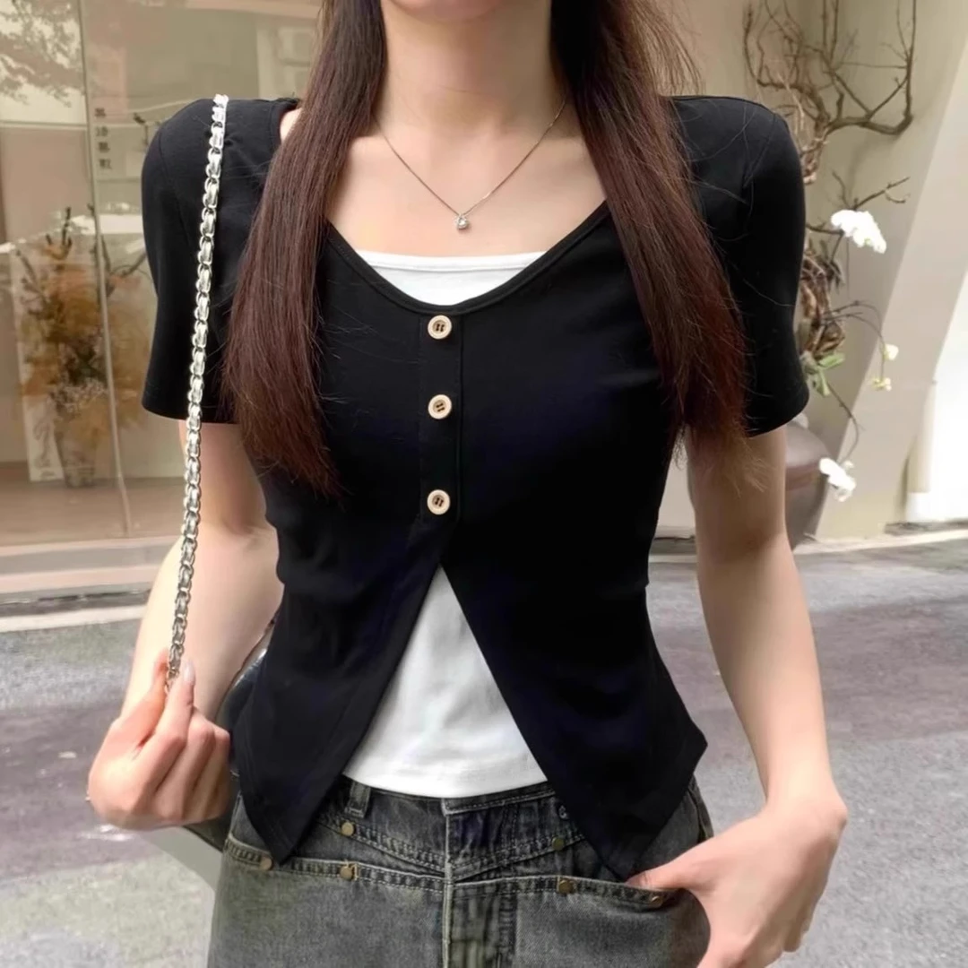 时尚减龄显瘦百搭上衣夏季新款胖MM大码女装设计感假两件短袖T恤