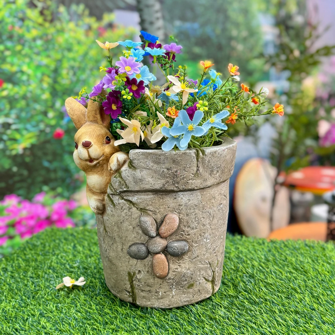 可爱卡通创意兔子做旧破缸花盆户外花园庭院装饰品摆件雕塑小品