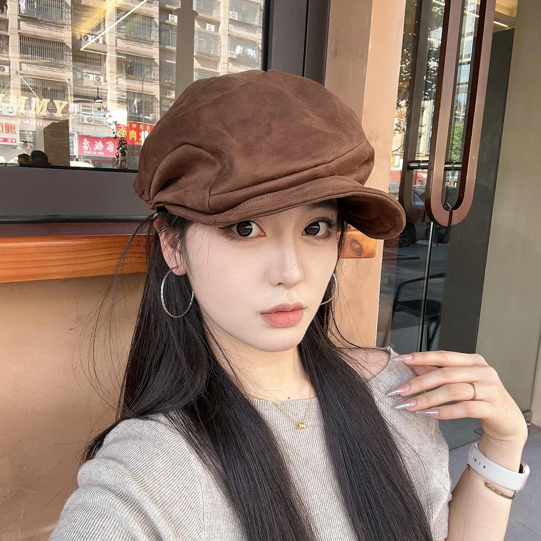 2025新款日系简约纯色麂皮绒报童帽女秋季英伦复古时尚百搭贝雷帽