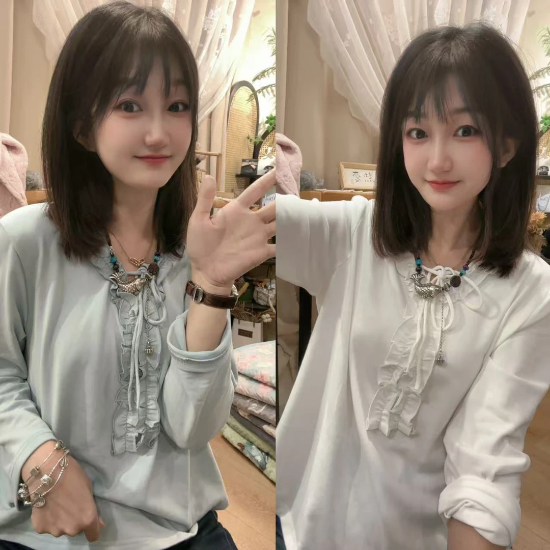 【萌萌哒】秋季新款 时尚洋气百搭气质拼接花边纯色弹力打底衫