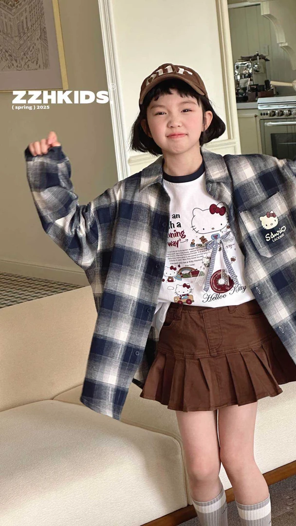 【5315】春季新款！儿童印花格子衬衫两件套
