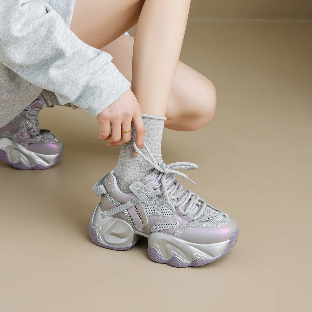 双11 HUANAI【增高7cm】老爹鞋女25新款透气网面百搭运动休闲小白鞋