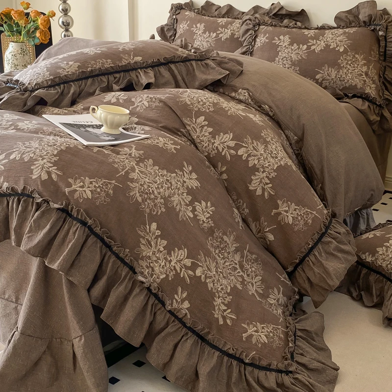 法式复古水洗亚麻高端四件套公主风荷叶花边韩版四件套床上用品