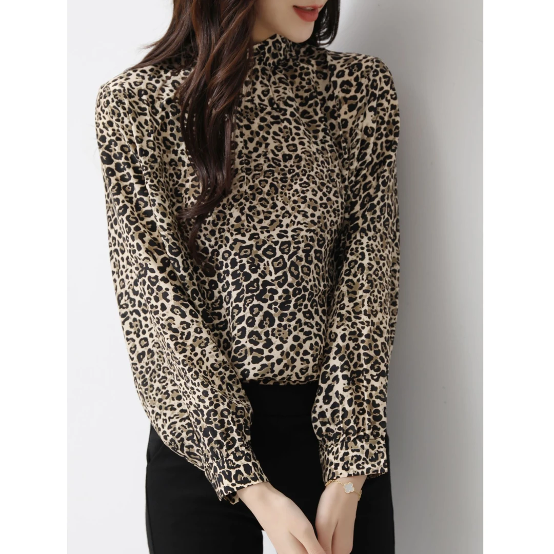 【100%桑蚕丝】现货！真丝设计款花边领套头衬衣 数兰朵豹纹长袖衬衫