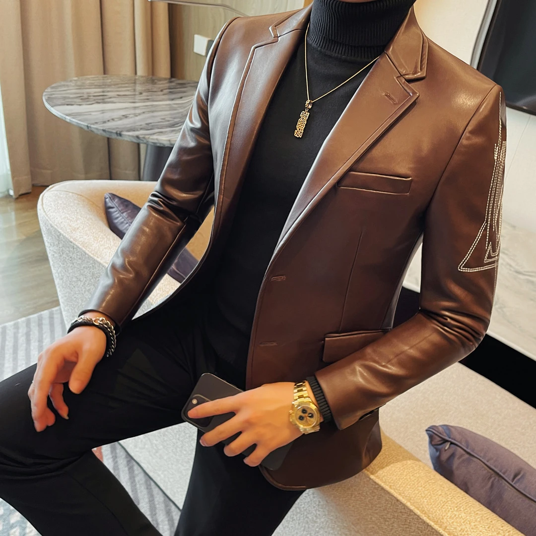 男士黑色西装领皮衣修身商务休闲皮夹克英伦风痞帅潮流时尚西服