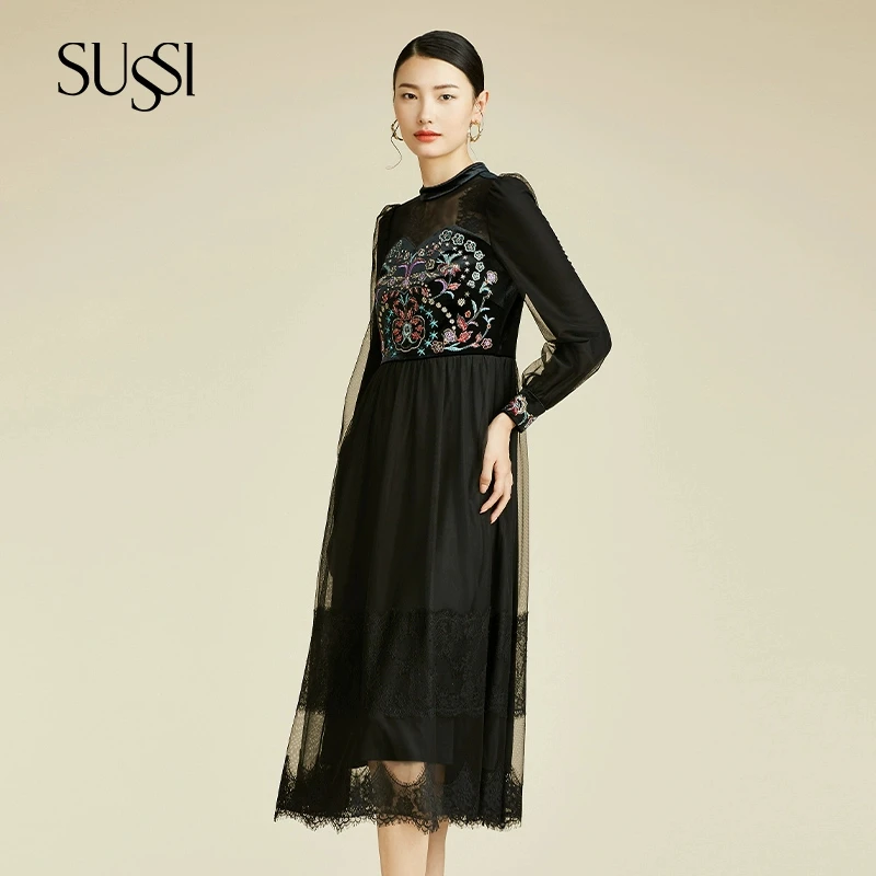 「宠粉节专属款」SUSSI/古色新款黑色网纱刺绣立领泡泡长袖连衣裙