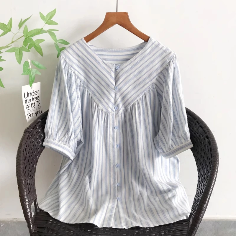 夏季显瘦V领上衣清新拼接蓝白条纹宽松通勤气质款百搭短袖衬衫女