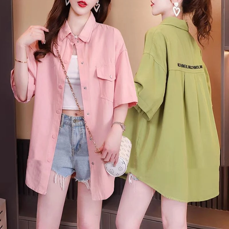 夏季薄款休闲Polo领短袖衬衫女2025新款韩版宽松大码外搭衬衣外套