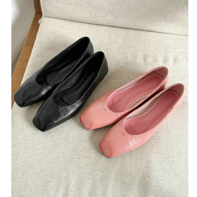 「鞋颜究所」超软单鞋女粉色方头浅口奶奶鞋一脚蹬芭蕾舞平底鞋